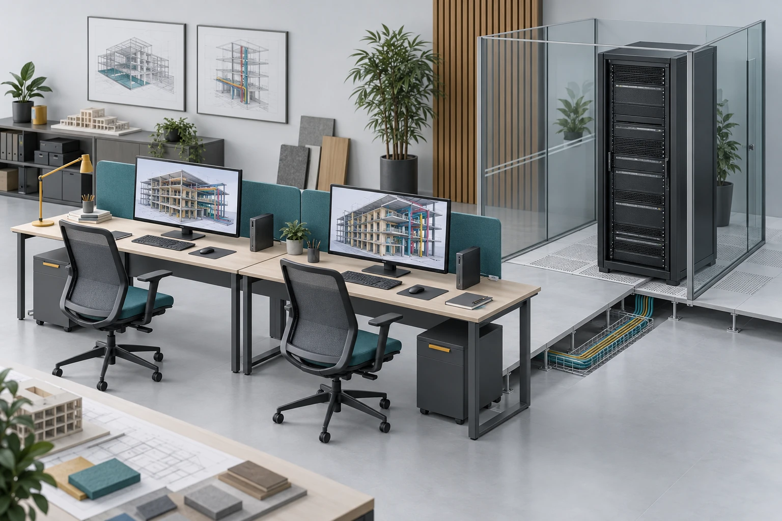方案示意:BIM 设计终端访问集中部署的图形计算设备,场景示意