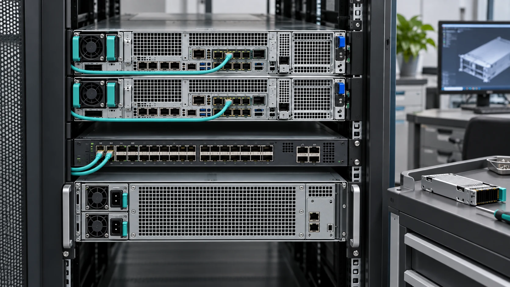多节点、交换网络与本地 NVMe 的数据路径的技术场景插画
