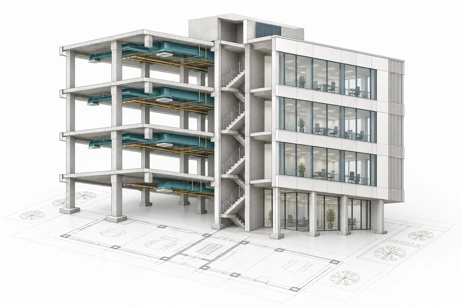 建筑结构、机电管线与立面组成的 BIM 剖切模型示意